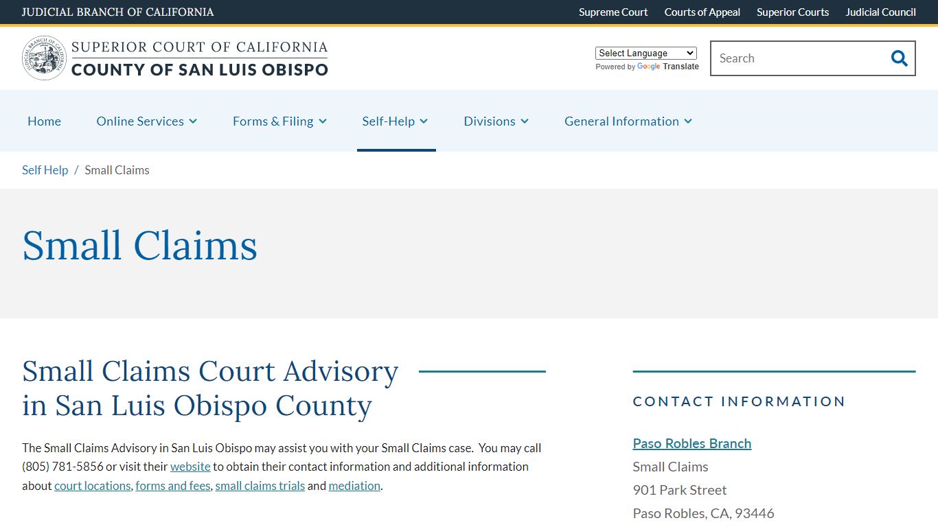 Small Claims | Superior Court of California | County of San Luis Obispo